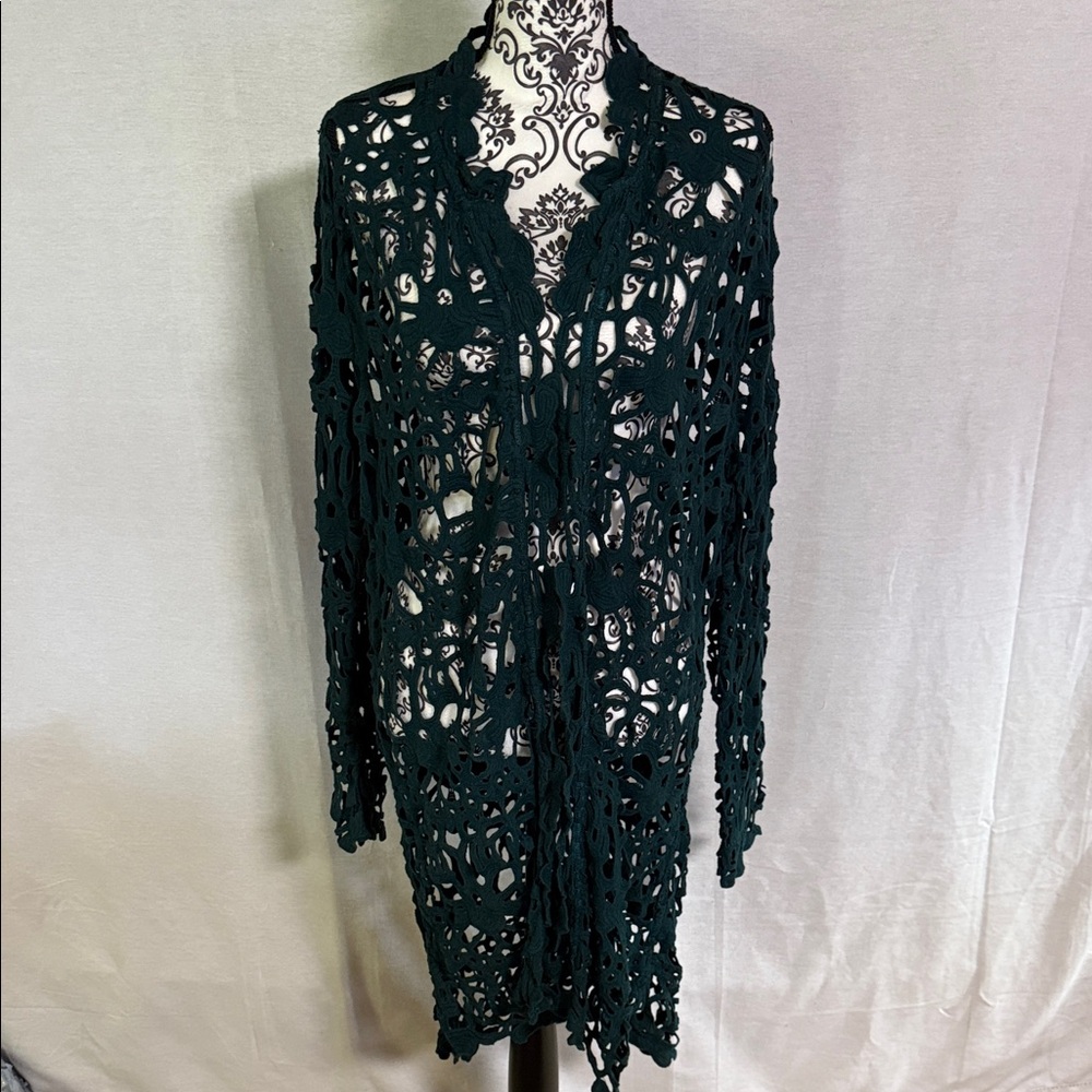 Chico's Dark Green Openwork Crochet Cardigan